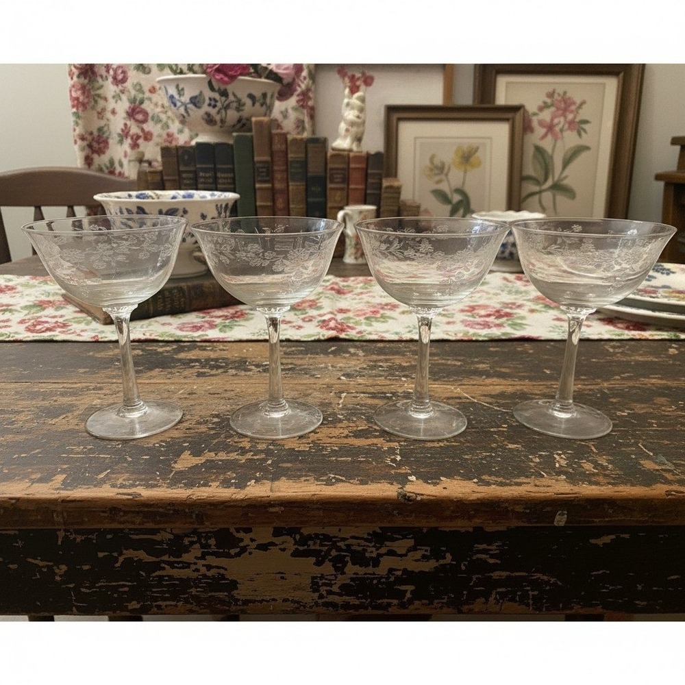 4 Vintage Etched Champagne Sherbet Coupe Glasses Flowers Leaves Dots 4 5/8" H